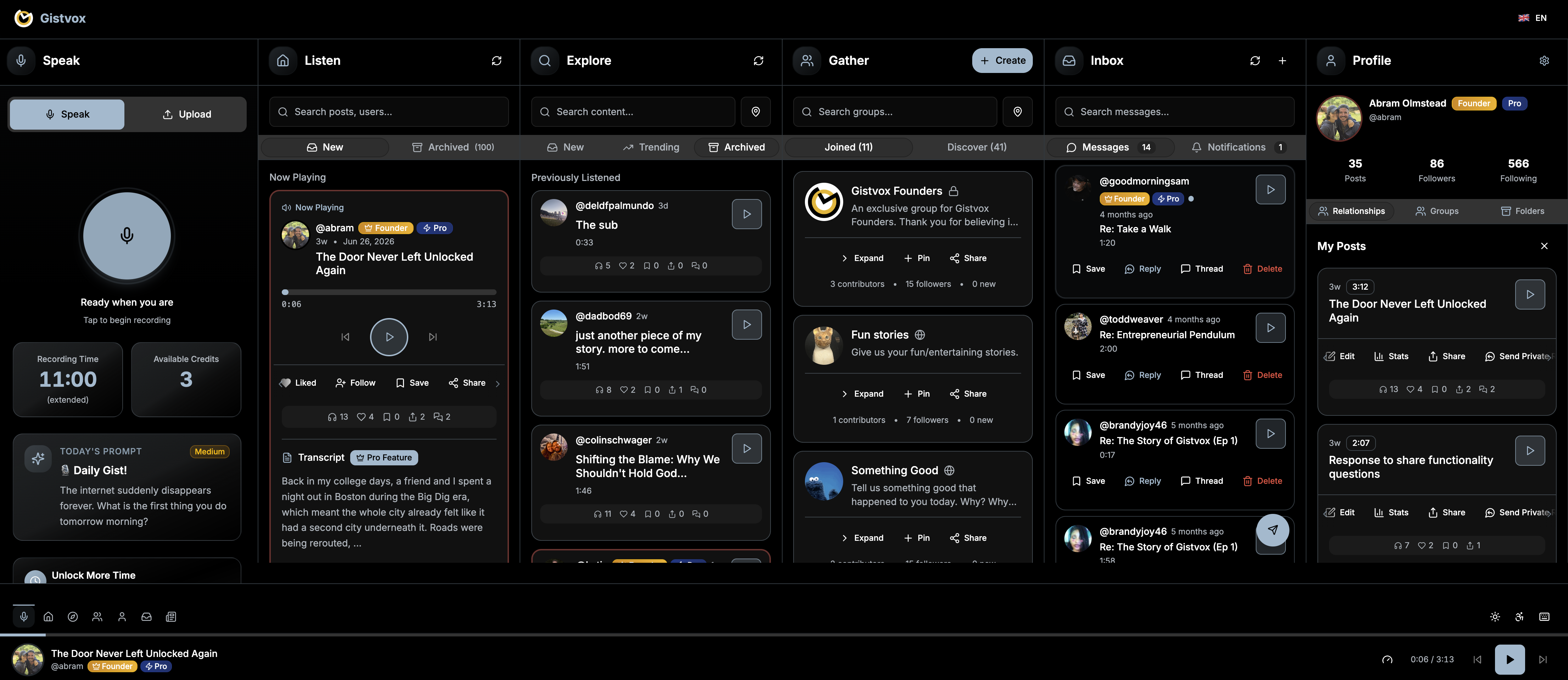 Gistvox voice social network on desktop web browser — full 6-column layout showing audio feed, channels, series, discover, and profile panels